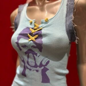 GAS MASK MODEL Distressed Graffiti Graphic lace-up keyhole denim sleeve tank M